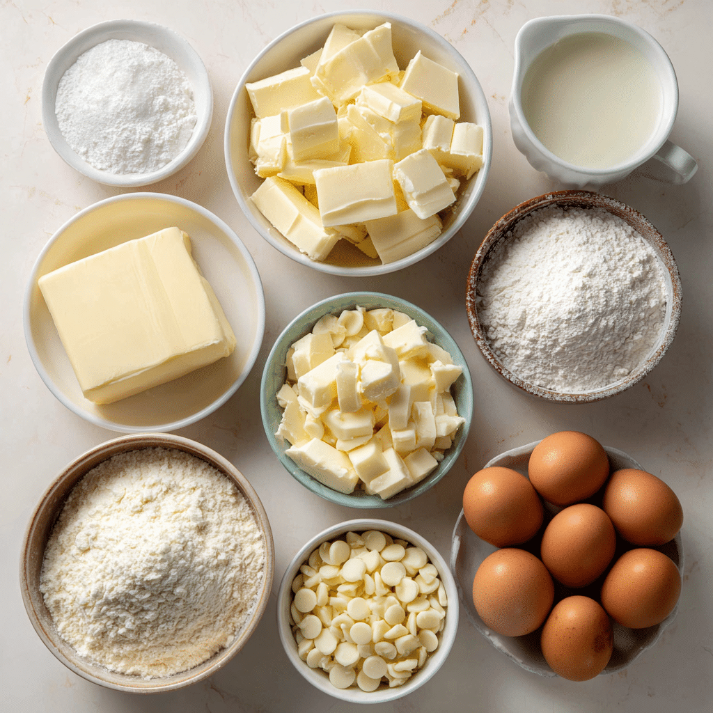 1 Bowl White Chocolate Brownies: Easy, Fudgy & Creamy Delight 6 “Ingredients for 1 Bowl White Chocolate Brownies laid out (butter, white chocolate, sugar, eggs, flour)”
