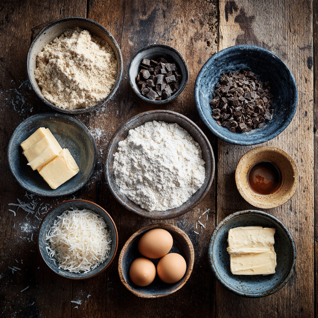 Dark Chocolate Coconut Blondies: 7 Delicious Reasons to Bake Them Today 6 Dark chocolate coconut blondies ingredients on rustic counter