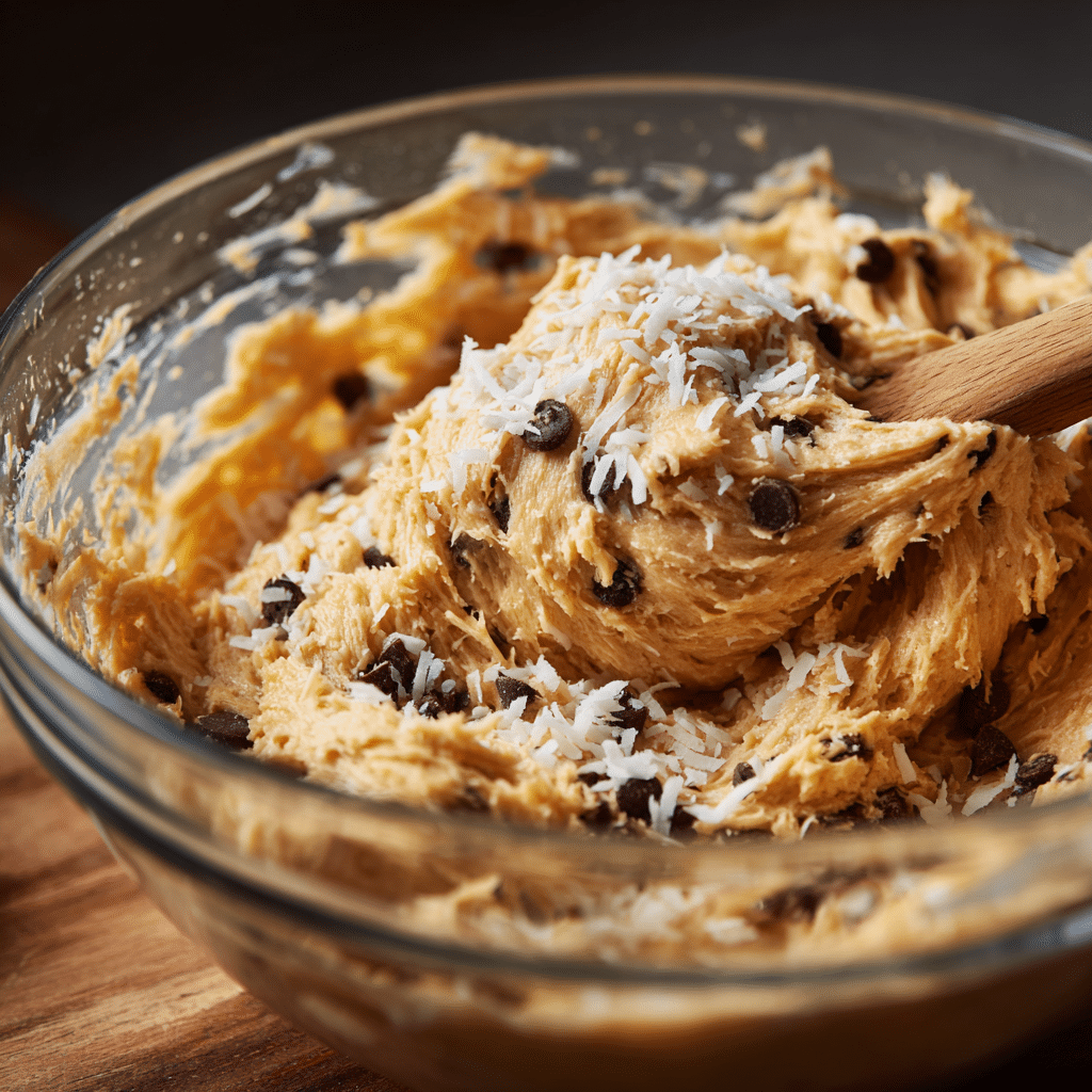 Dark Chocolate Coconut Blondies: 7 Delicious Reasons to Bake Them Today 7 Folding coconut and chocolate chips into blondie batter