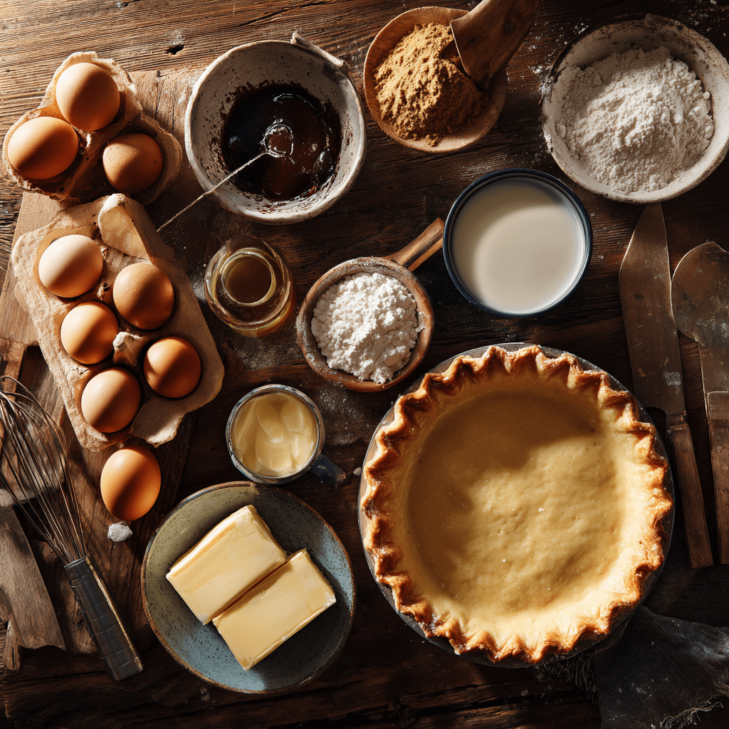 Butterscotch Pie Recipe: 9 Secrets to This Rich & Creamy Classic 6 Ingredients for homemade butterscotch pie arranged on a wooden kitchen counter.”