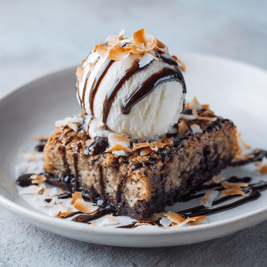 Dark Chocolate Coconut Blondies: 7 Delicious Reasons to Bake Them Today 8 Dark chocolate coconut blondies served with vanilla ice cream and chocolate drizzle