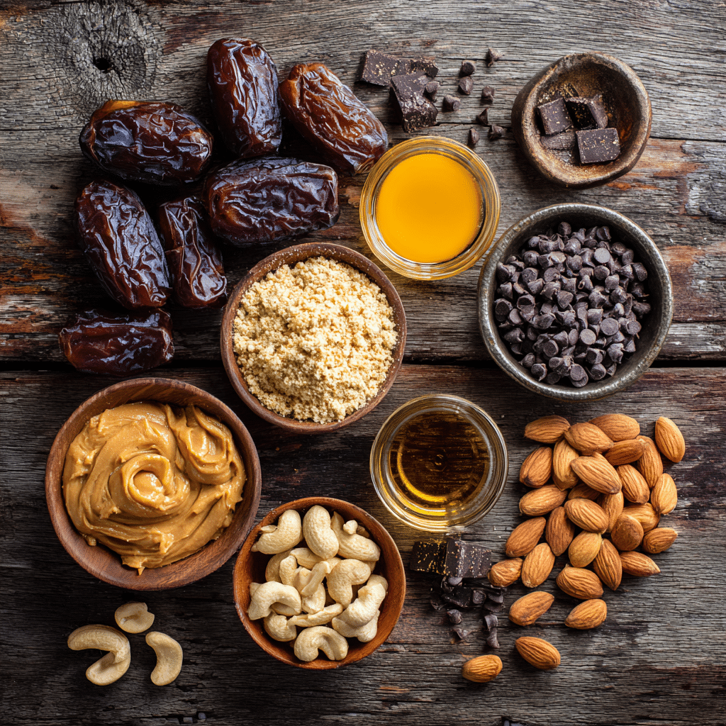 Chocolate Peanut Butter Snack Bars – 8-Ingredient Delight You’ll Love 6 Chocolate Peanut Butter Snack Bars ingredients on rustic table