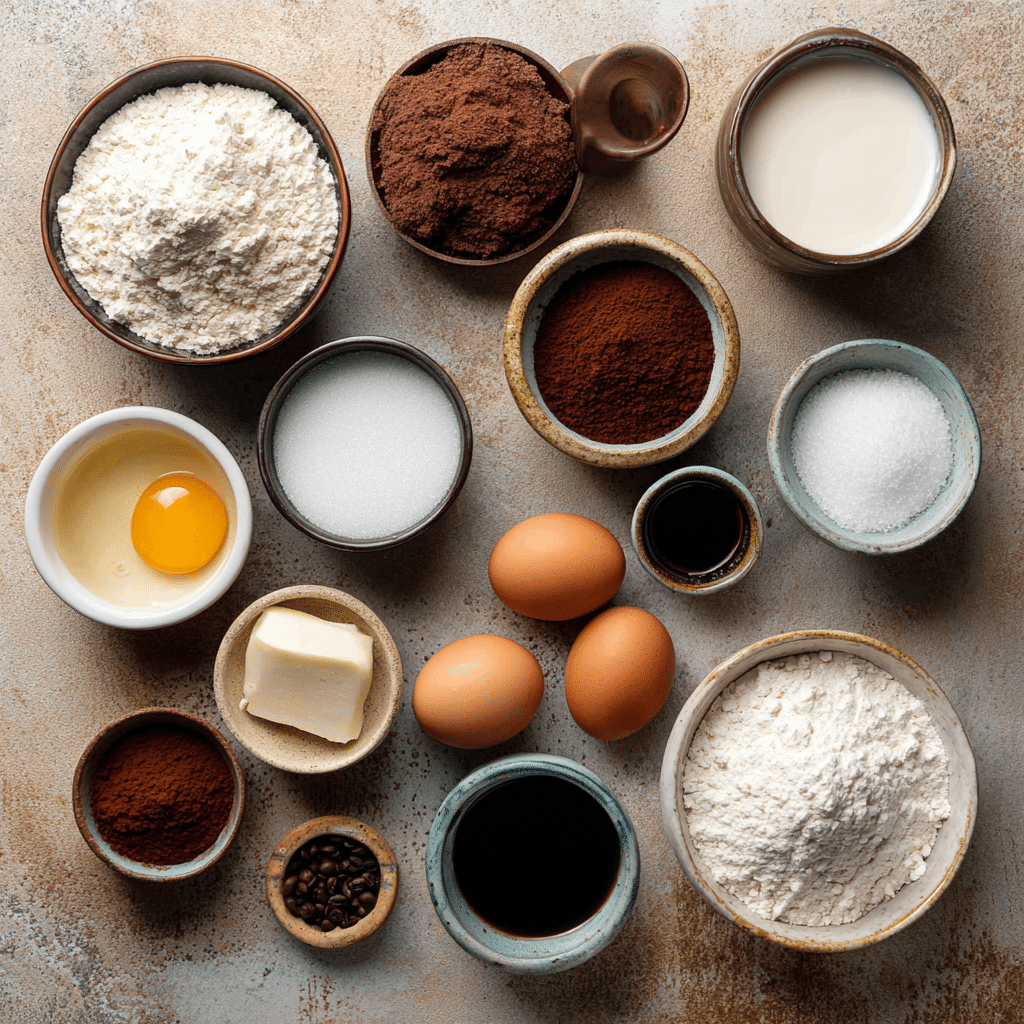 Super Moist Chocolate Cupcakes: 7 Secrets to Perfect Texture 7 “Ingredients for super moist chocolate cupcakes including cocoa powder, buttermilk, eggs, oil, and brown sugar on a kitchen counter”