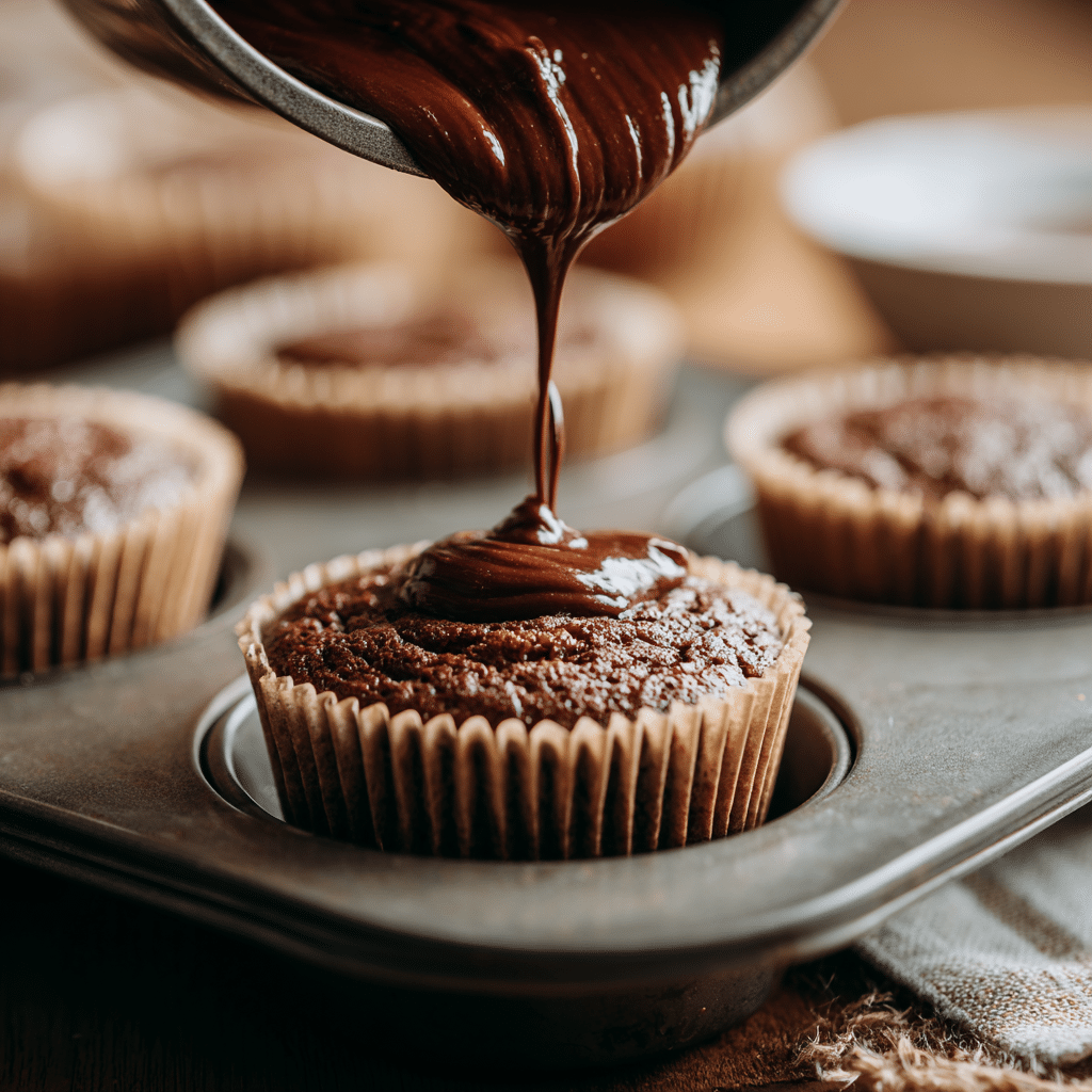 Super Moist Chocolate Cupcakes: 7 Secrets to Perfect Texture 8 “Pouring chocolate cupcake batter into liners for super moist chocolate cupcakes in a muffin tray before baking”