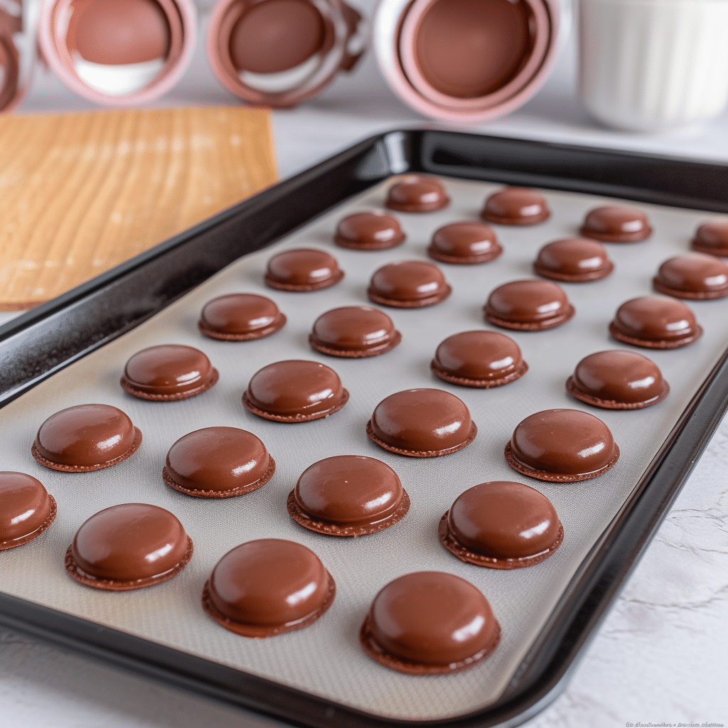 Chocolate Peanut Butter Macarons: 7 Expert Tips for Perfect Results 7 Piped chocolate macaron shells resting on baking mat before baking