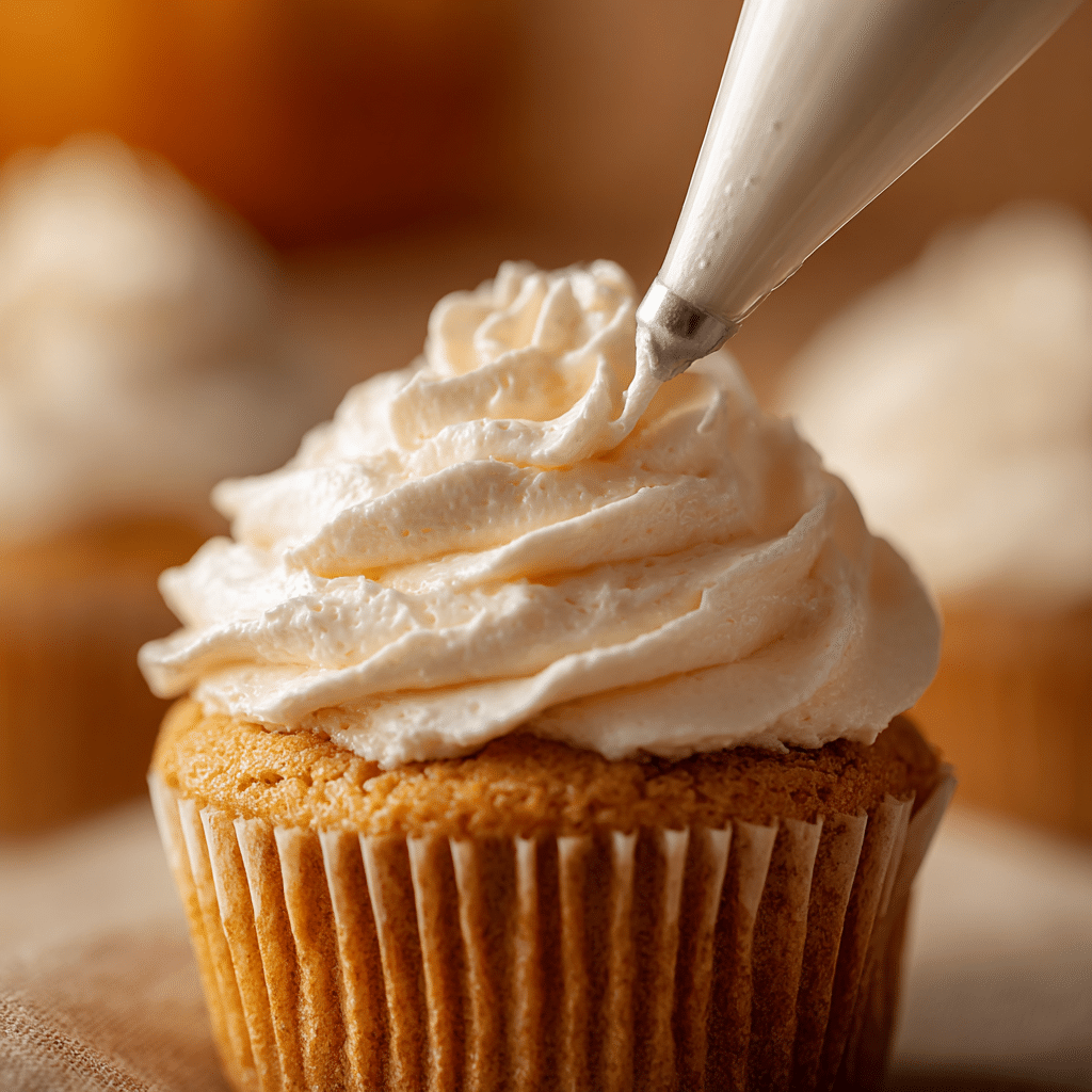 Pumpkin Spice Cupcakes with Marshmallow Frosting – 5 Irresistible Tips 7 Frosting a Pumpkin Spice Cupcake with Marshmallow Frosting in cozy fall lighting