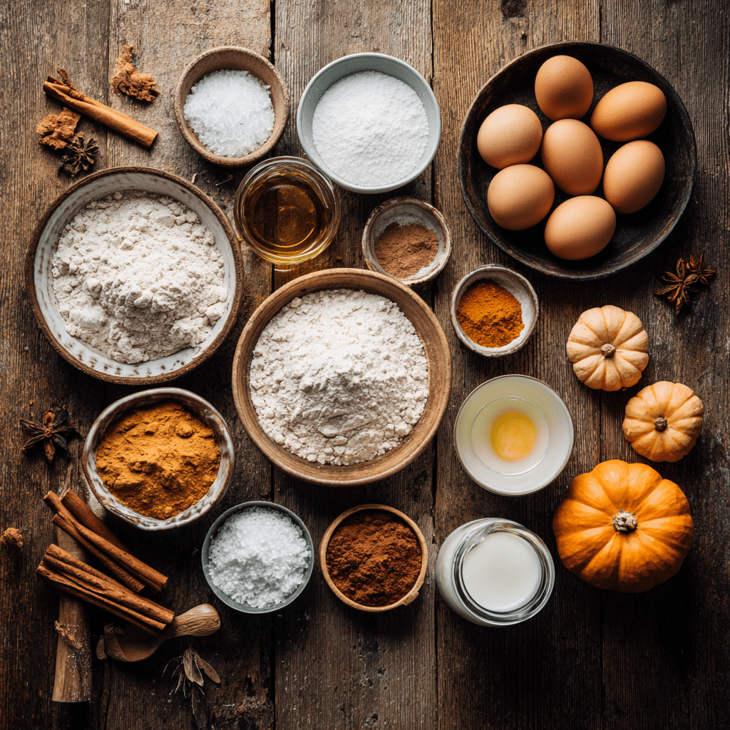 Easy Pumpkin Muffins Recipe – 7 Secrets for Super Moist Results 6 “Ingredients for Easy Pumpkin Muffins including pumpkin puree, flour, cinnamon, and brown sugar”