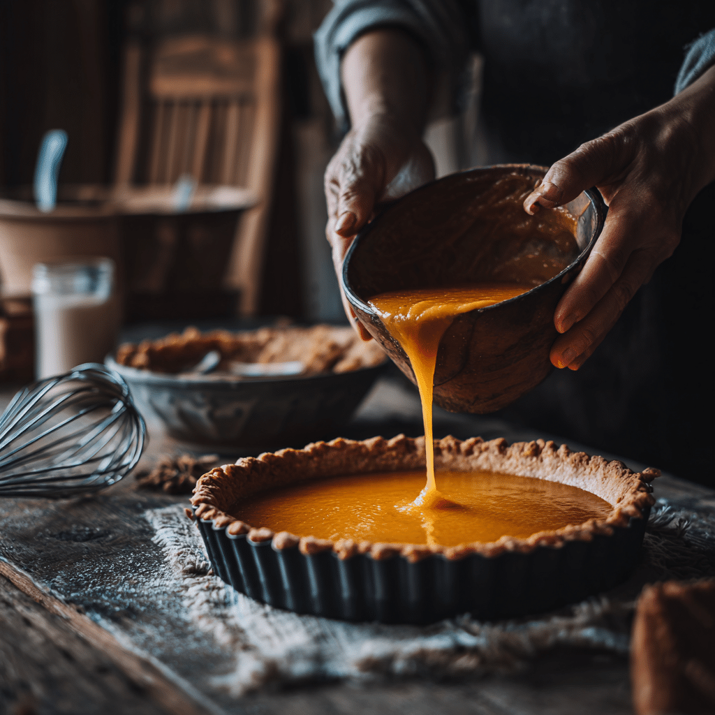 The Great Pumpkin Pie Recipe: 5 Secrets to Perfect Flavor 7 “Pouring smooth pumpkin filling into a par-baked crust while preparing The Great Pumpkin Pie Recipe”