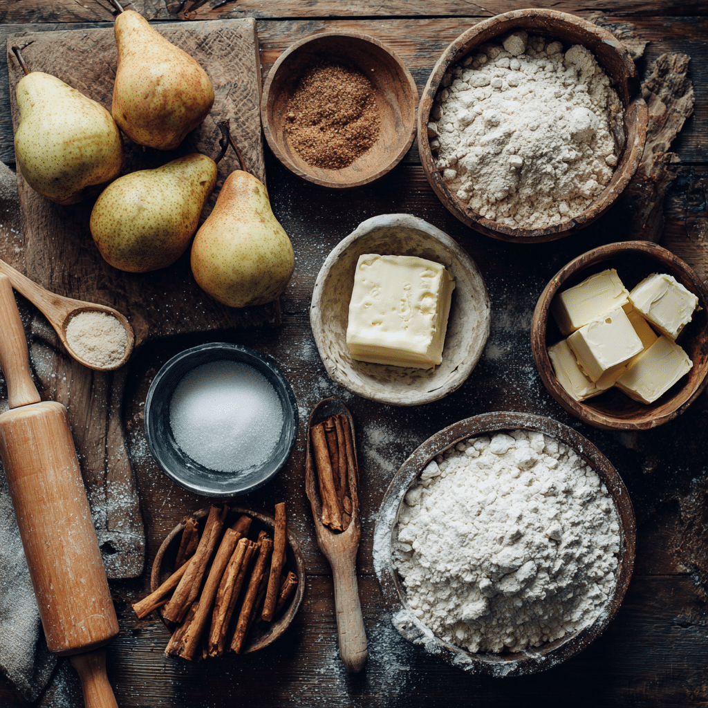 Pear Tarte Tatin Made Simple: 7 Irresistible Reasons to Bake It 6 Ingredients for Pear Tarte Tatin – rustic setup with fresh pears, flour, spices, and butter.