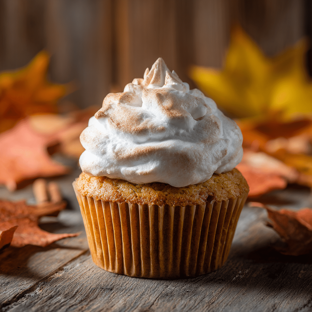 Pumpkin Spice Cupcakes with Marshmallow Frosting served on a fall-themed plate with rustic decor”