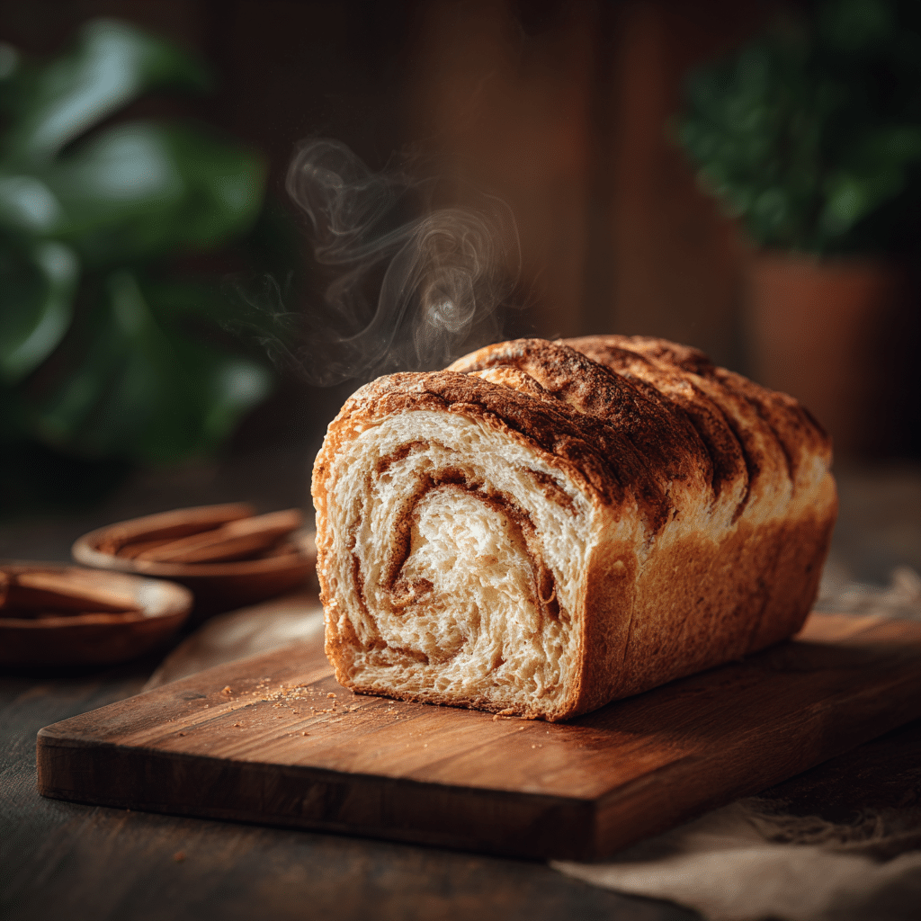 Freshly baked Homemade Cinnamon Swirl Bread sliced on a wooden board with visible cinnamon swirl.