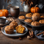 Easy Pumpkin Muffins Recipe – 7 Secrets for Super Moist Results 9 “Freshly baked Easy Pumpkin Muffins with golden domed tops, broken open to reveal moist, spiced interior, styled with fall decor”