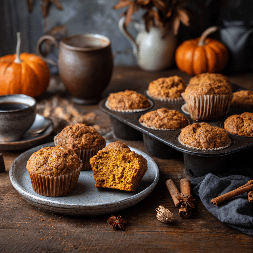 Easy Pumpkin Muffins Recipe – 7 Secrets for Super Moist Results 5 “Freshly baked Easy Pumpkin Muffins with golden domed tops, broken open to reveal moist, spiced interior, styled with fall decor”