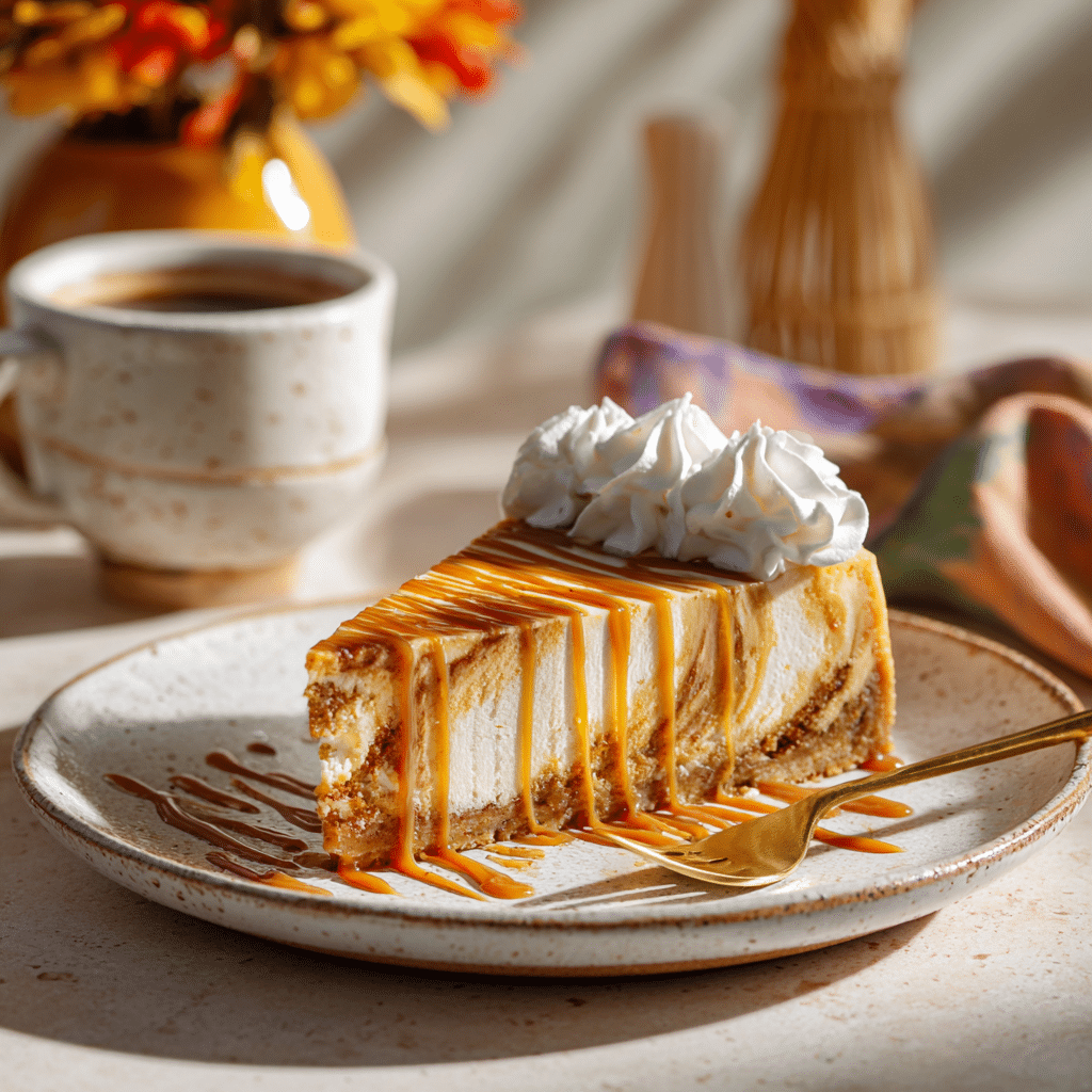 Slice of Pumpkin Swirl Cheesecake topped with whipped cream and caramel sauce on a fall-decorated table.”