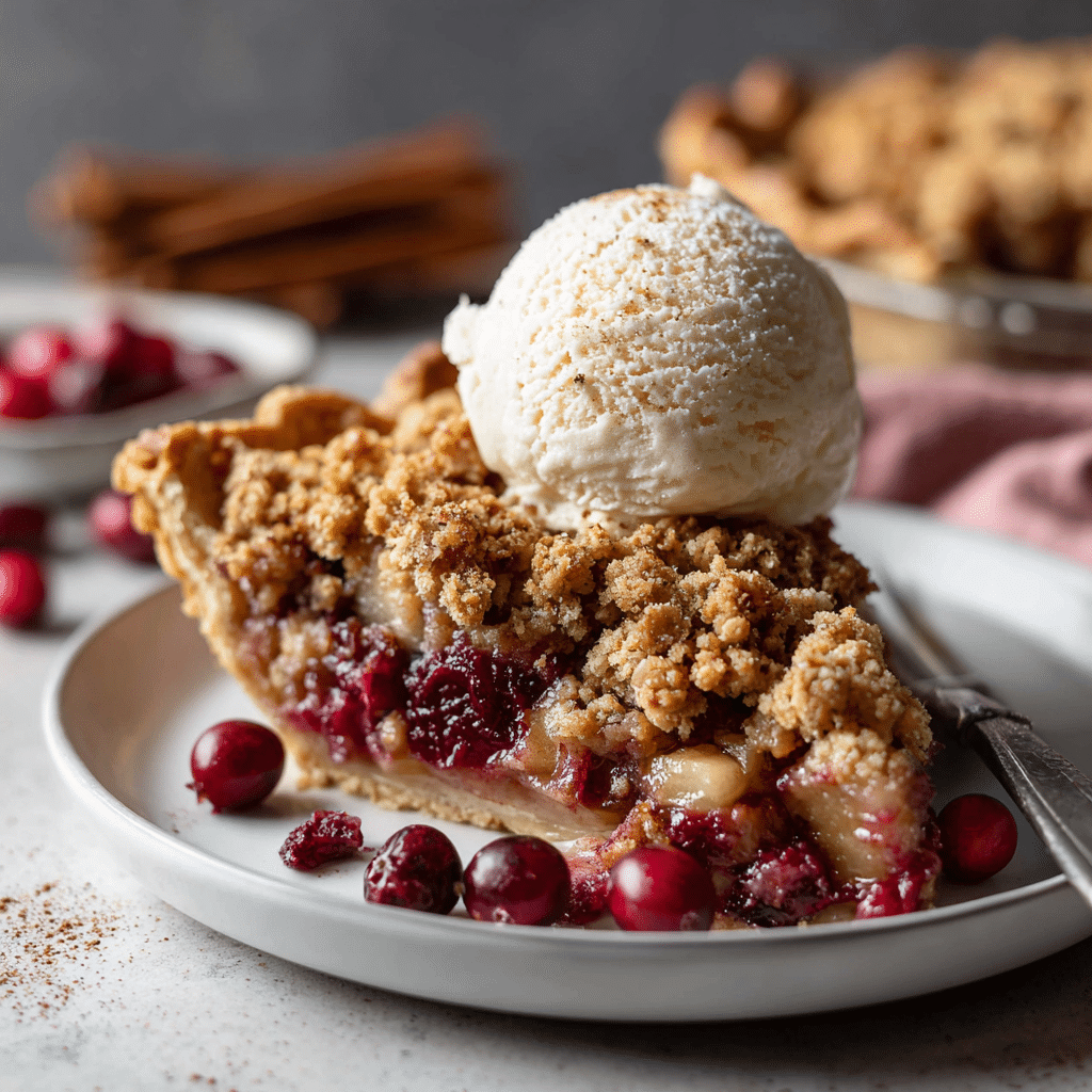 “Slice of Apple Cranberry Crumble Pie with golden oat topping and vanilla ice cream on a white plate, surrounded by fall-inspired props”
