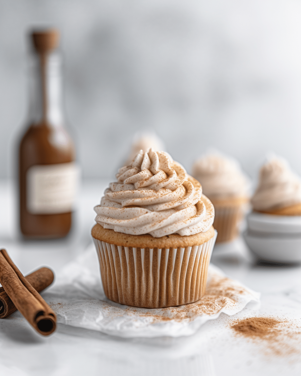 Snickerdoodle Cupcake with Cinnamon Swirl Frosting topped with mini snickerdoodle cookie on a marble cake stand, perfect for fall desserts.