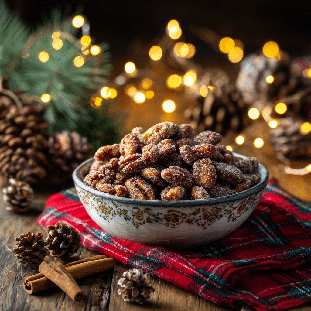 "Homemade cinnamon sugar candied nuts served in a festive bowl with cinnamon sticks and holiday decorations — the perfect seasonal snack and gift."