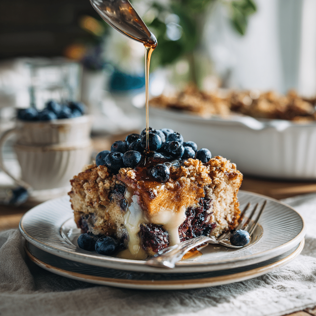 Baked Blueberry French Toast Casserole topped with streusel and drizzled with syrup