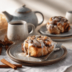 Easy Slow Cooker Cinnamon Rolls – 10-Minute Prep, No Rise! 9 Finished Easy Slow Cooker Cinnamon Rolls drizzled with glaze on a breakfast table