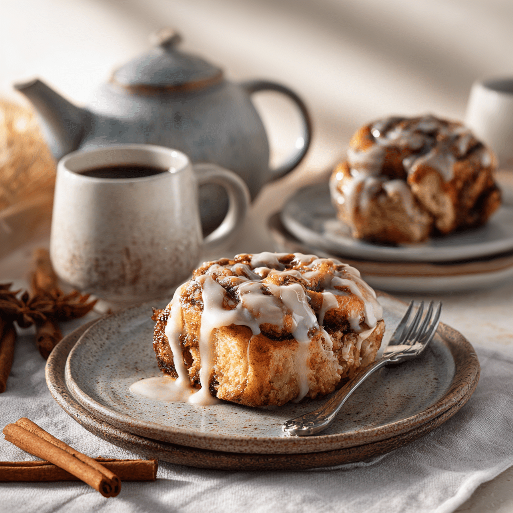 Finished Easy Slow Cooker Cinnamon Rolls drizzled with glaze on a breakfast table