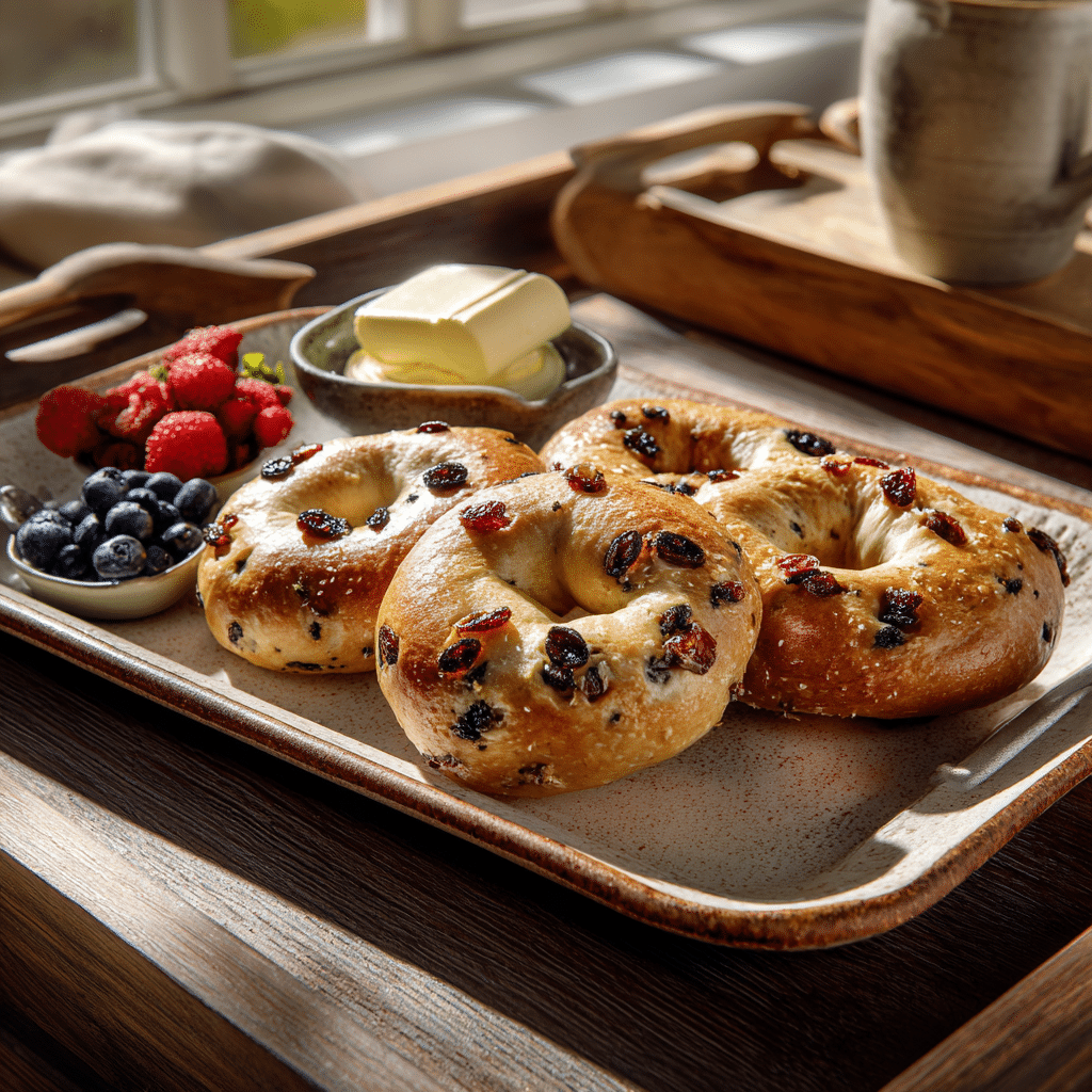 “Golden Homemade Cinnamon Raisin Bagels served with cream cheese, butter, and fresh berries on a rustic breakfast table”