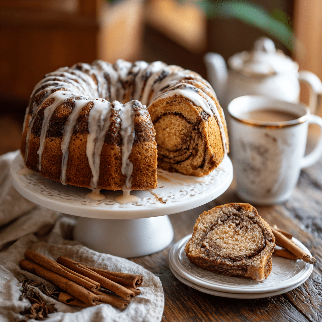 "Chai Spiced Cinnamon Swirl Bundt Cake with icing and visible chai swirl, served with chai tea on a rustic table"