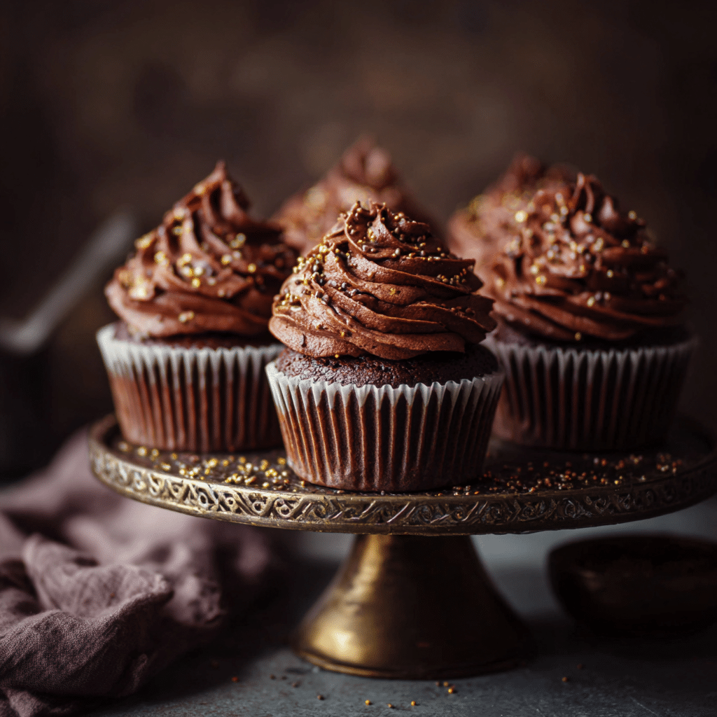 “Frosted super moist chocolate cupcakes with chocolate buttercream and sprinkles on a cake stand”
