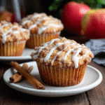 "Apple Cinnamon Crumb Muffins drizzled with vanilla icing on a ceramic plate with apples and cinnamon sticks in the background"
