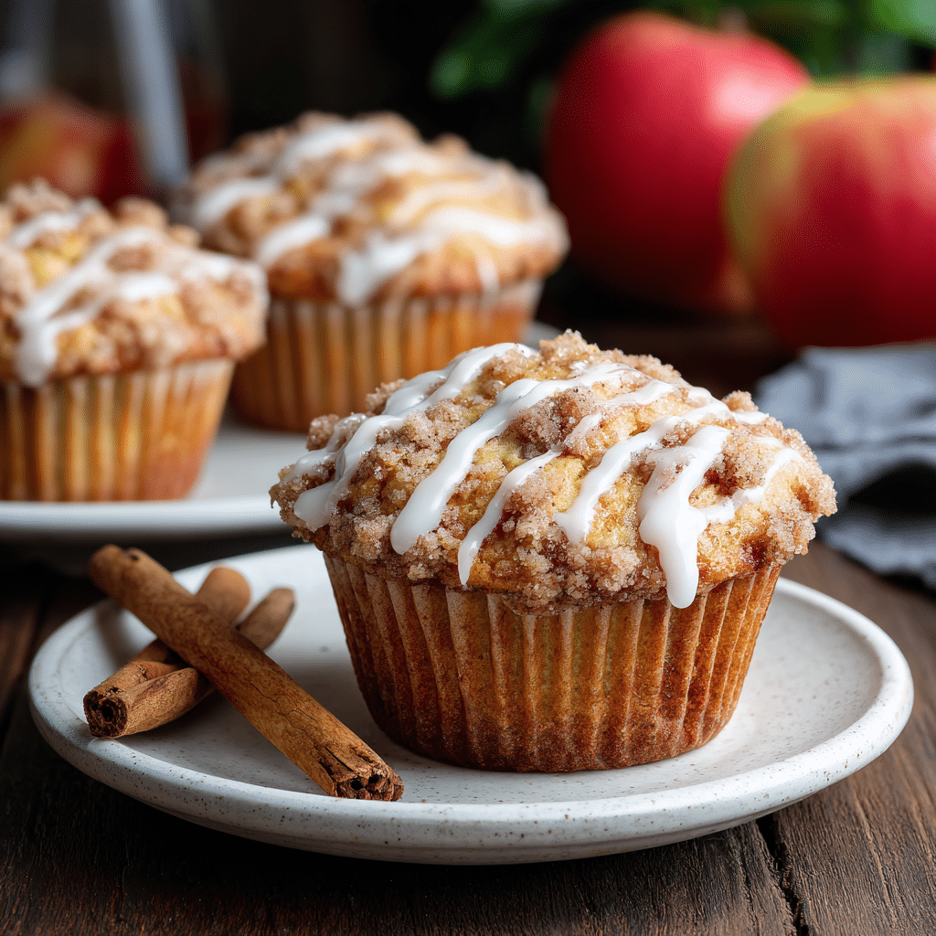 "Apple Cinnamon Crumb Muffins drizzled with vanilla icing on a ceramic plate with apples and cinnamon sticks in the background"