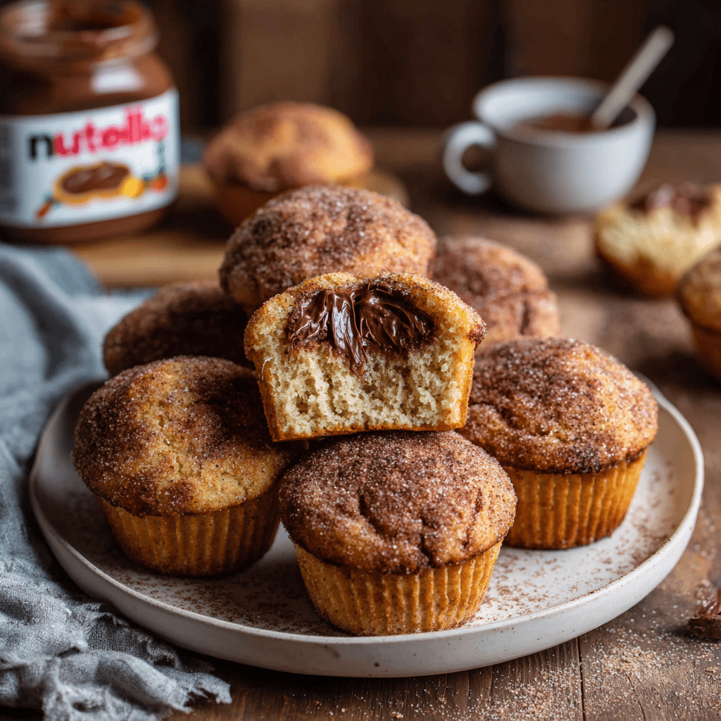 “Nutella-Stuffed Cinnamon Sugar Muffin cut open to reveal gooey chocolate center on a rustic plate”
