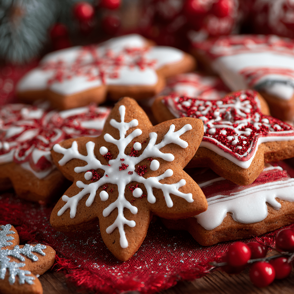 “Decorated holiday-themed gingerbread cookies with icing and sprinkles displayed on a festive table”