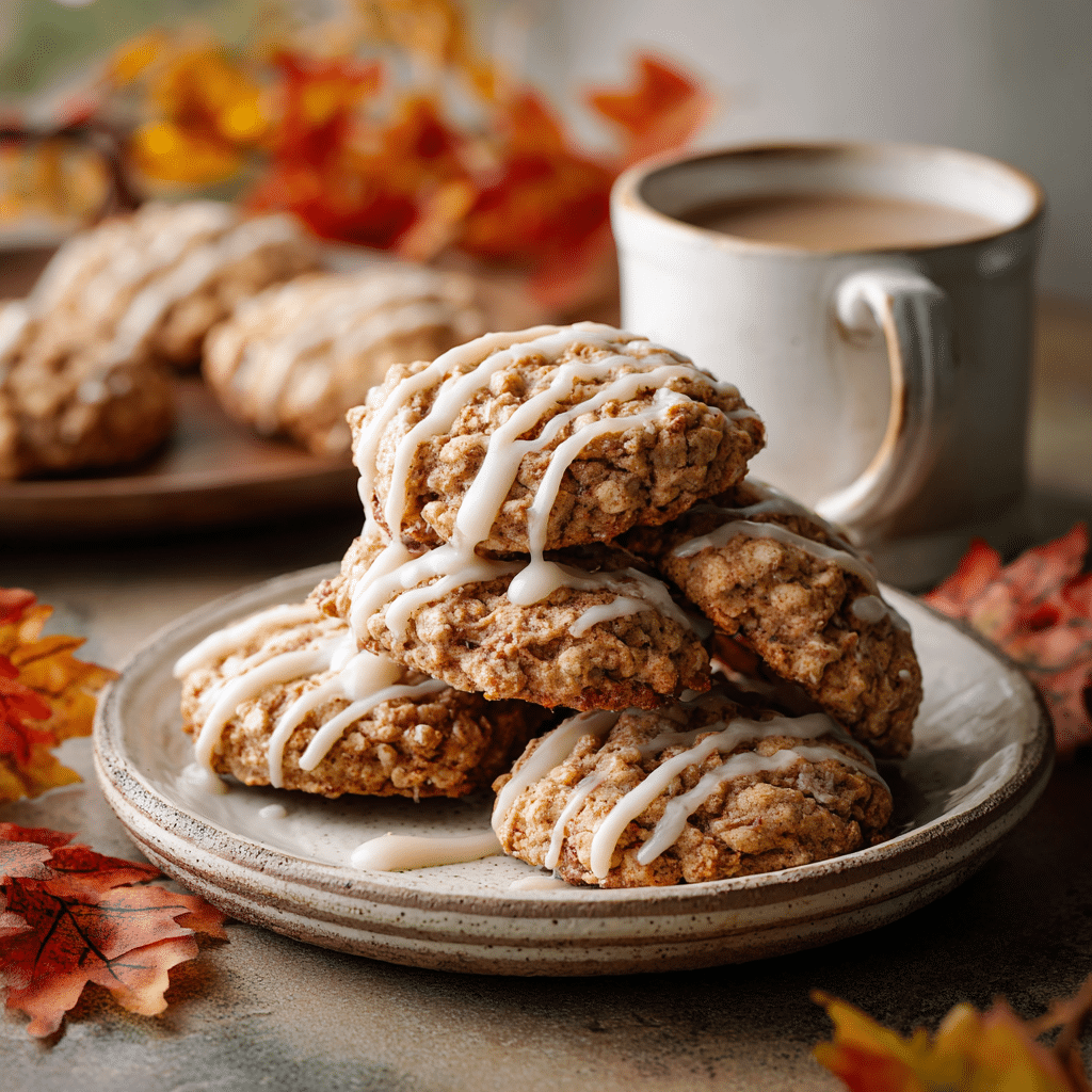 Apple Cinnamon Oatmeal Cookies stacked on a plate with maple icing and fall-themed background.