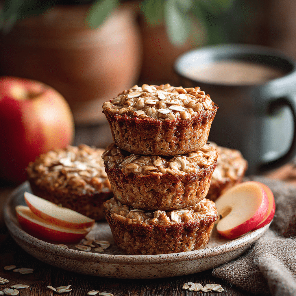 Home 10 “Freshly baked Apple Cinnamon Baked Oatmeal Cups on a rustic plate with coffee in a cozy fall kitchen setting”