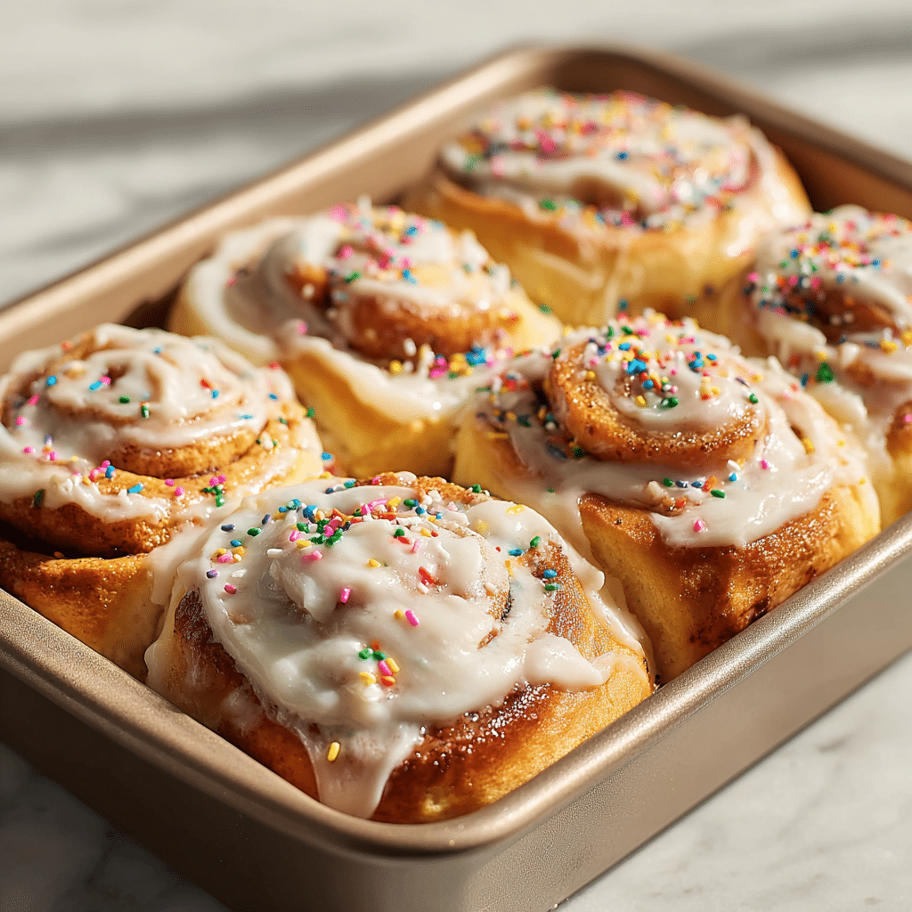 Birthday Cake Cinnamon Rolls – 7 Irresistible Funfetti Tips! 5 “Freshly baked Birthday Cake Cinnamon Rolls topped with cream cheese icing and colorful sprinkles in a baking dish”