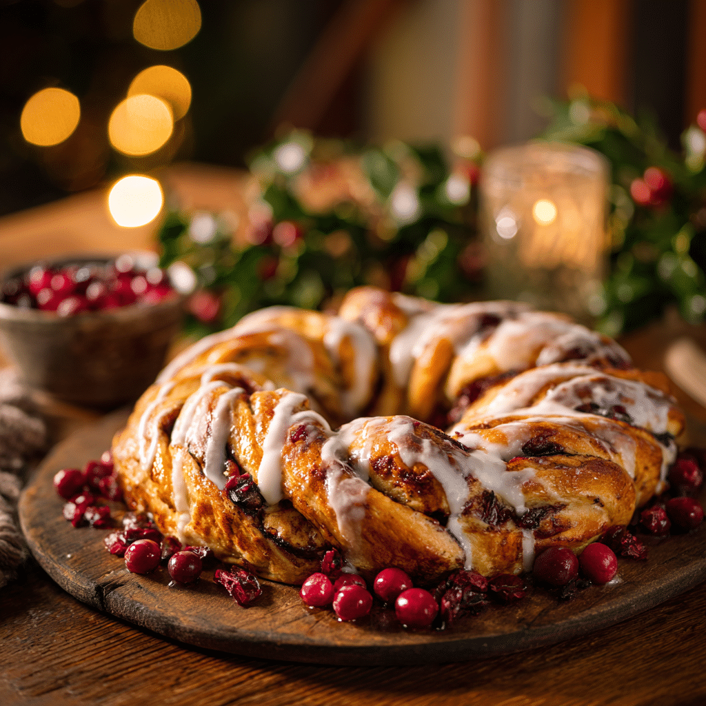 Freshly baked Cinnamon Roll Wreath topped with icing on a holiday table