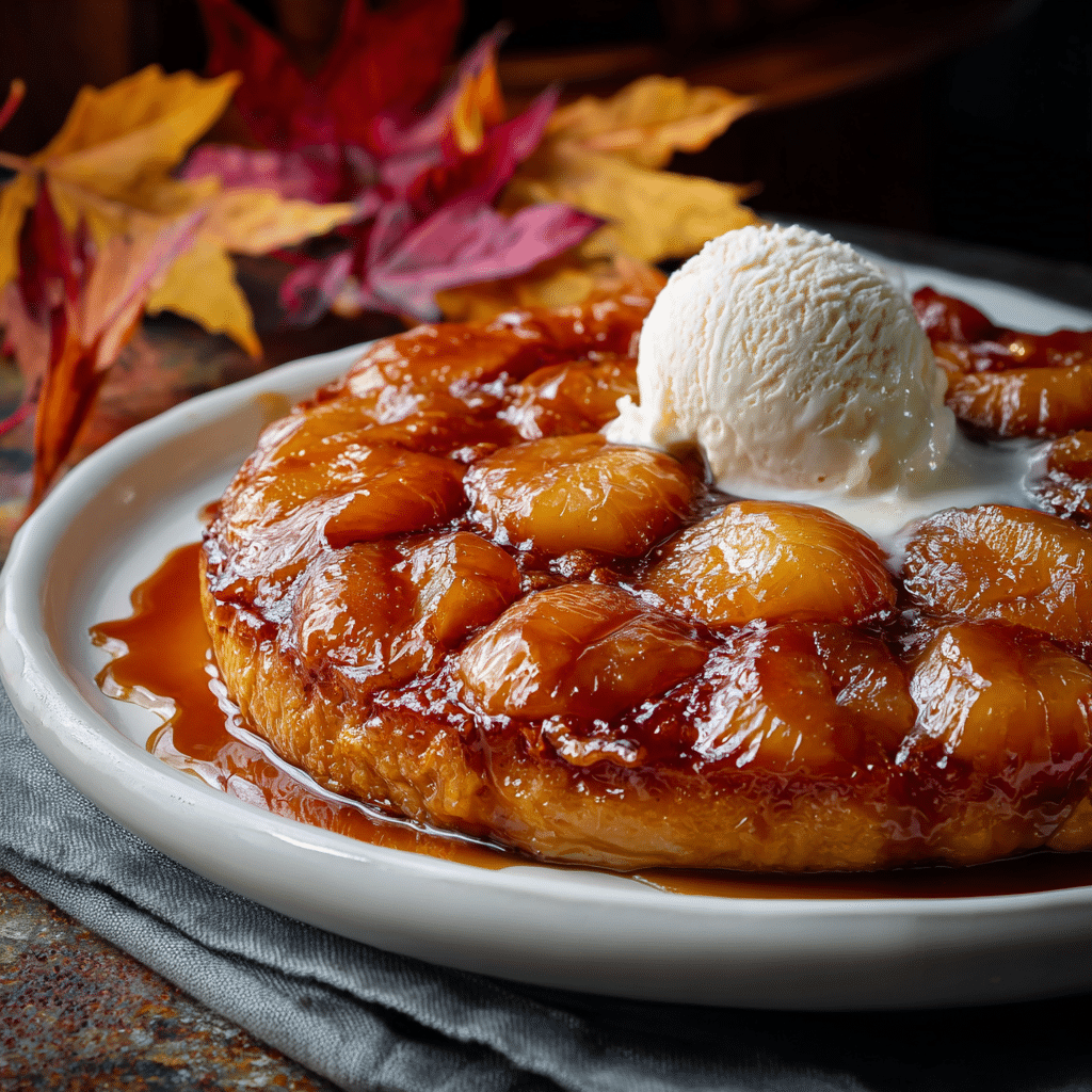 Pear Tarte Tatin Made Simple: 7 Irresistible Reasons to Bake It 5 “Finished Pear Tarte Tatin with glossy caramel pears and vanilla ice cream, styled for fall presentation.”
