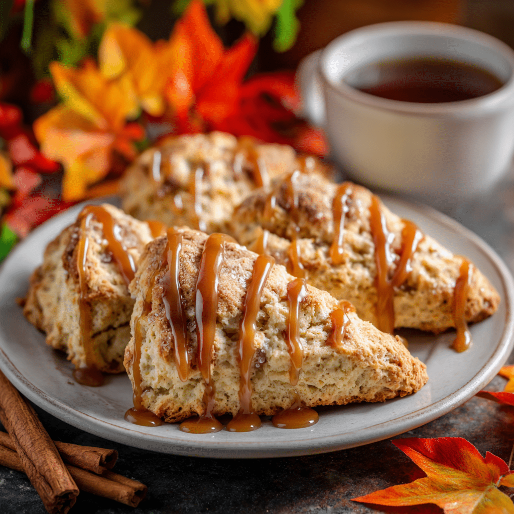 “Apple Cinnamon Scones with Caramel on a white plate, drizzled with caramel and surrounded by fall-themed decor”