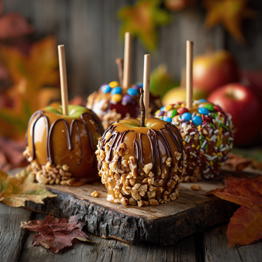 Homemade Caramel Apples: 7 Sweet Secrets for Perfect Results 5 “Finished homemade caramel apples with assorted toppings like nuts and chocolate drizzle on rustic serving board”