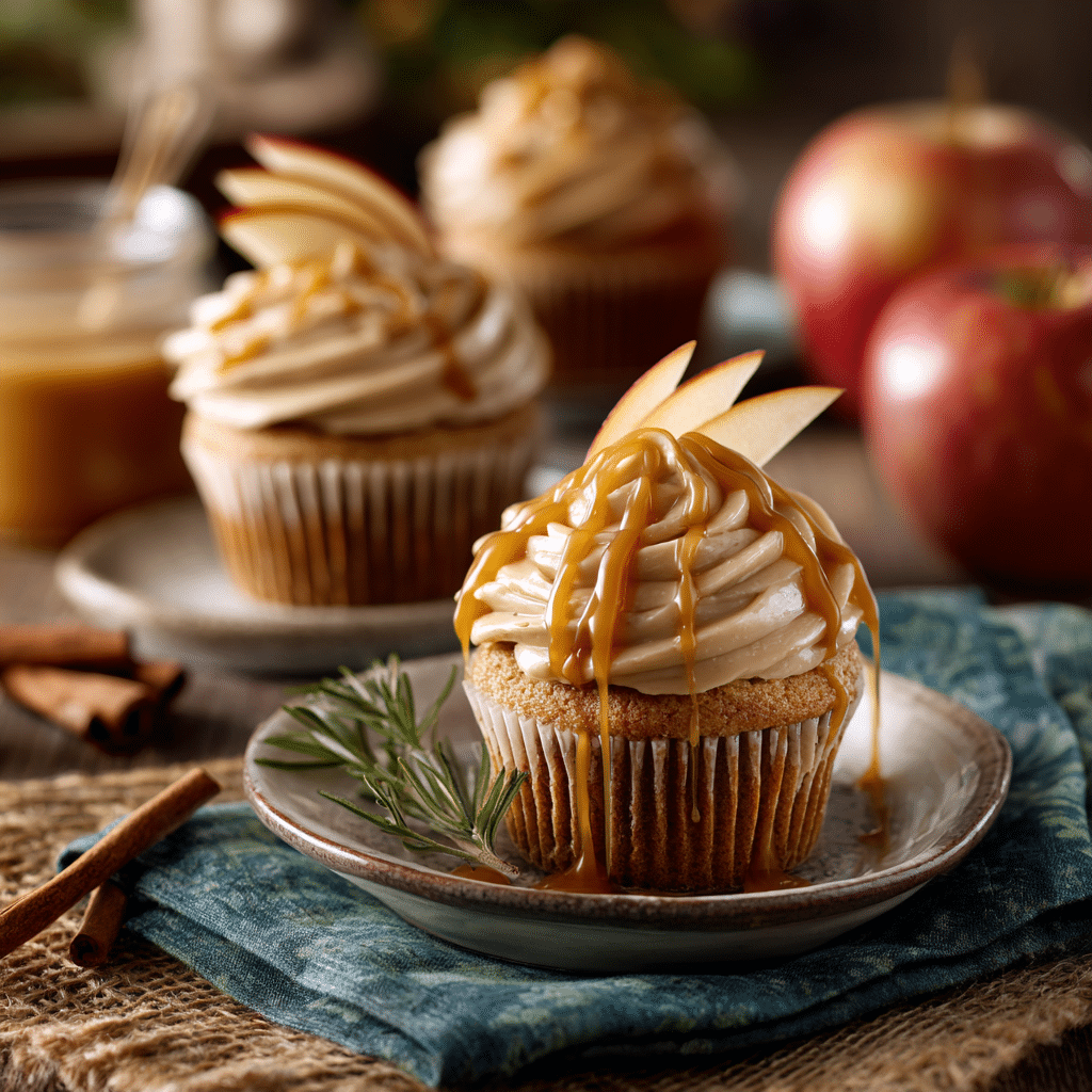 "Finished Apple Cupcakes with Salted Caramel Frosting with caramel drizzle and apple slice garnish"