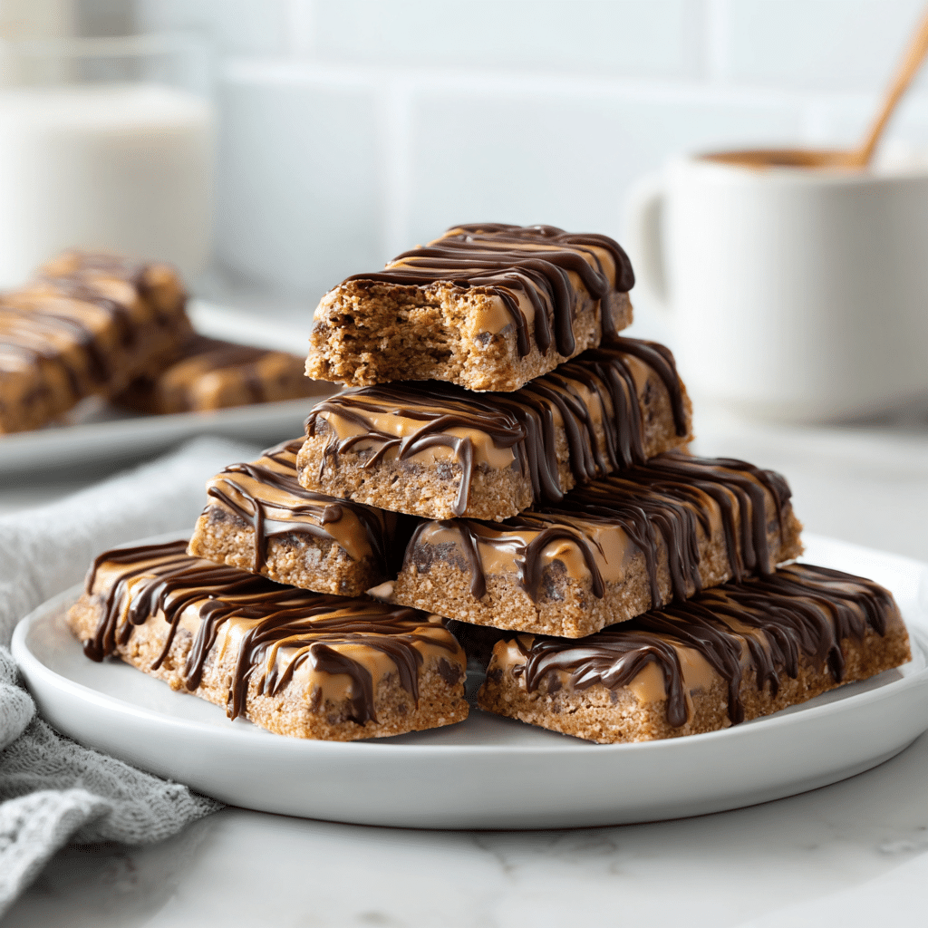 Chocolate Peanut Butter Snack Bars with chocolate drizzle stacked on plate
