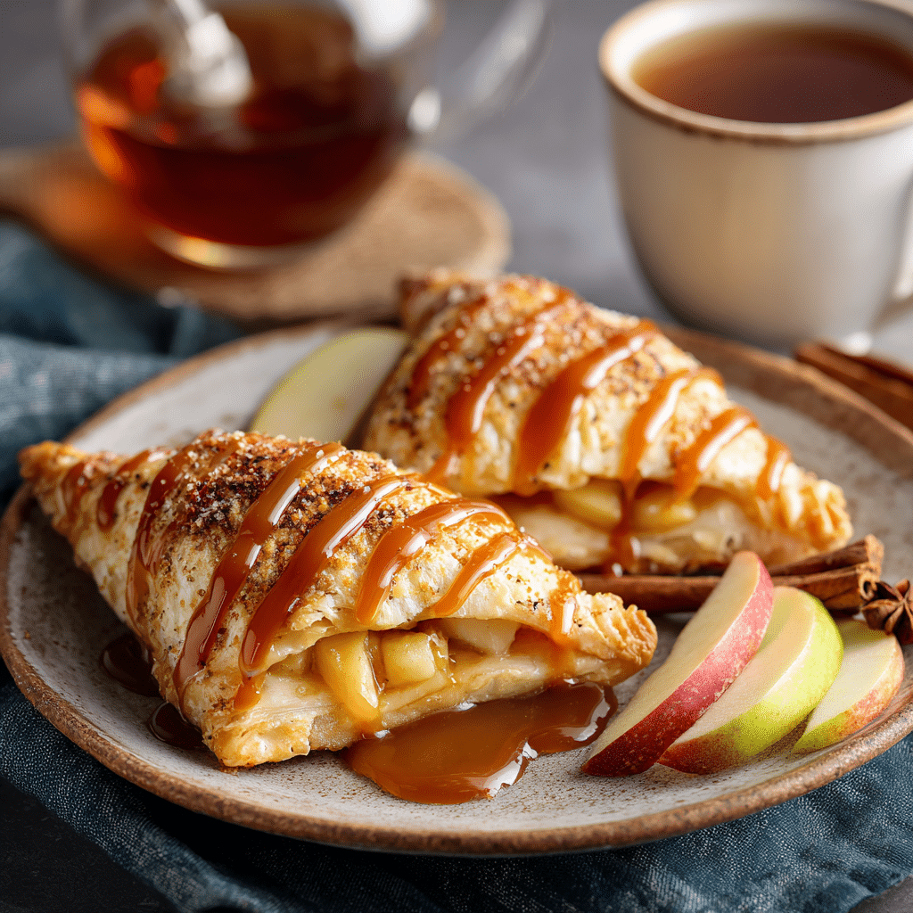 Caramel-drizzled homemade apple turnovers served on a rustic plate