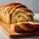 Sliced apple cinnamon babka showing golden crust and cinnamon apple swirl pattern”