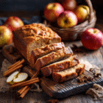 “Golden brown apple cinnamon bread slices on a wooden board with fresh apples and cinnamon sticks in the background.”