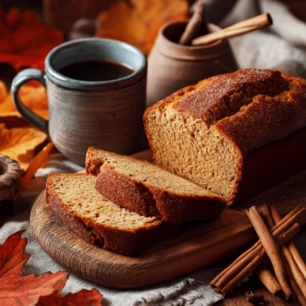 inished Harvest Spice Bread loaf sliced and styled for fall with coffee and autumn decor."