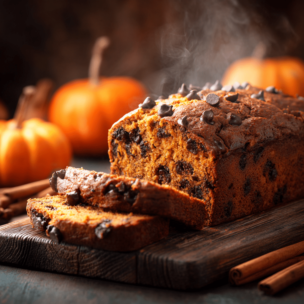 Sliced pumpkin chocolate chip bread loaf with visible chocolate chips, served warm on a rustic board with fall decor