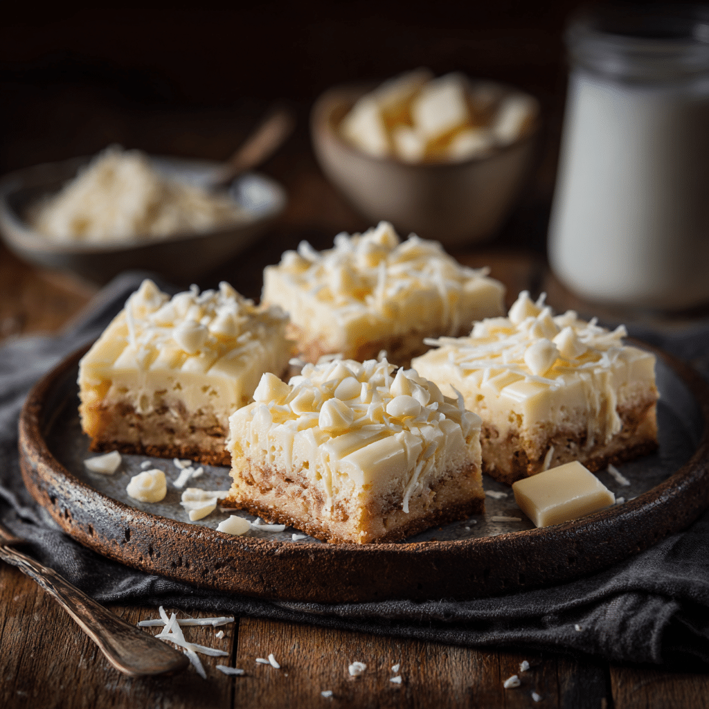 “Frosted 1 Bowl White Chocolate Brownies slices with white chocolate shavings”