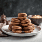 Chocolate Peanut Butter Macarons: 7 Expert Tips for Perfect Results 9 Stack of chocolate peanut butter macarons with creamy peanut butter filling on white plate