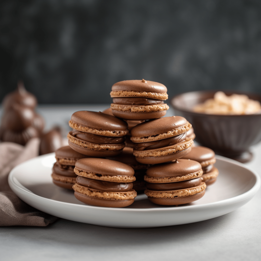 Chocolate Peanut Butter Macarons: 7 Expert Tips for Perfect Results 5 Stack of chocolate peanut butter macarons with creamy peanut butter filling on white plate