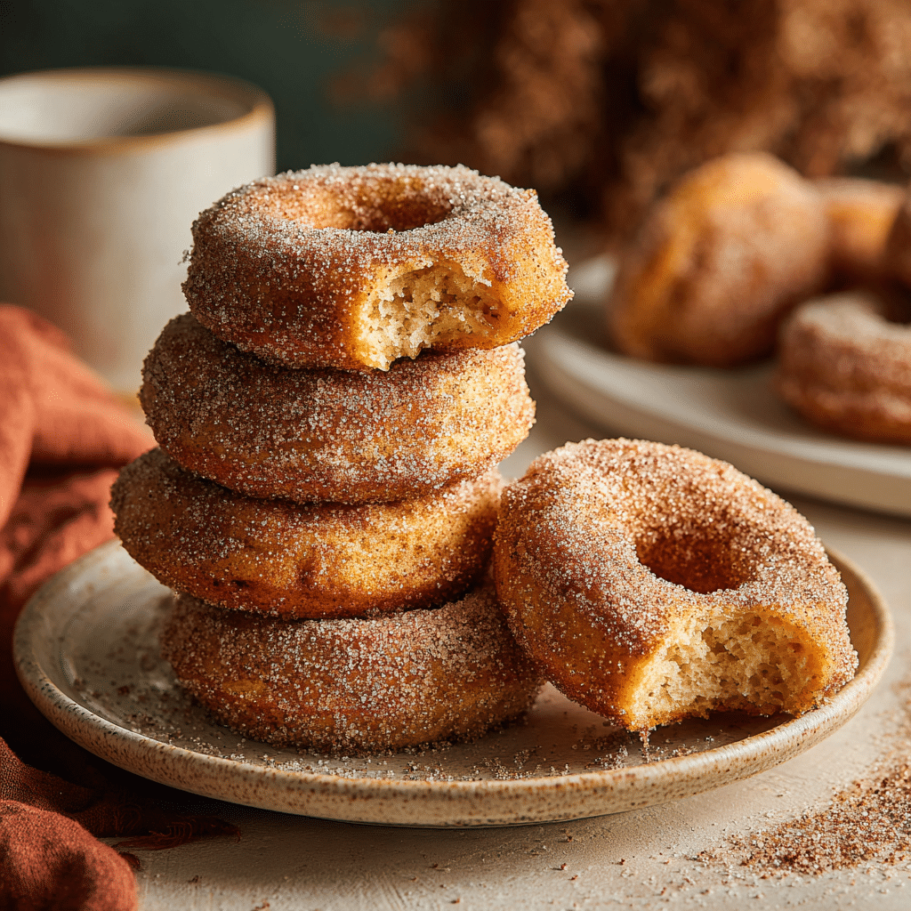 "Stack of golden baked cinnamon sugar donuts with cinnamon sugar coating on a ceramic plate"