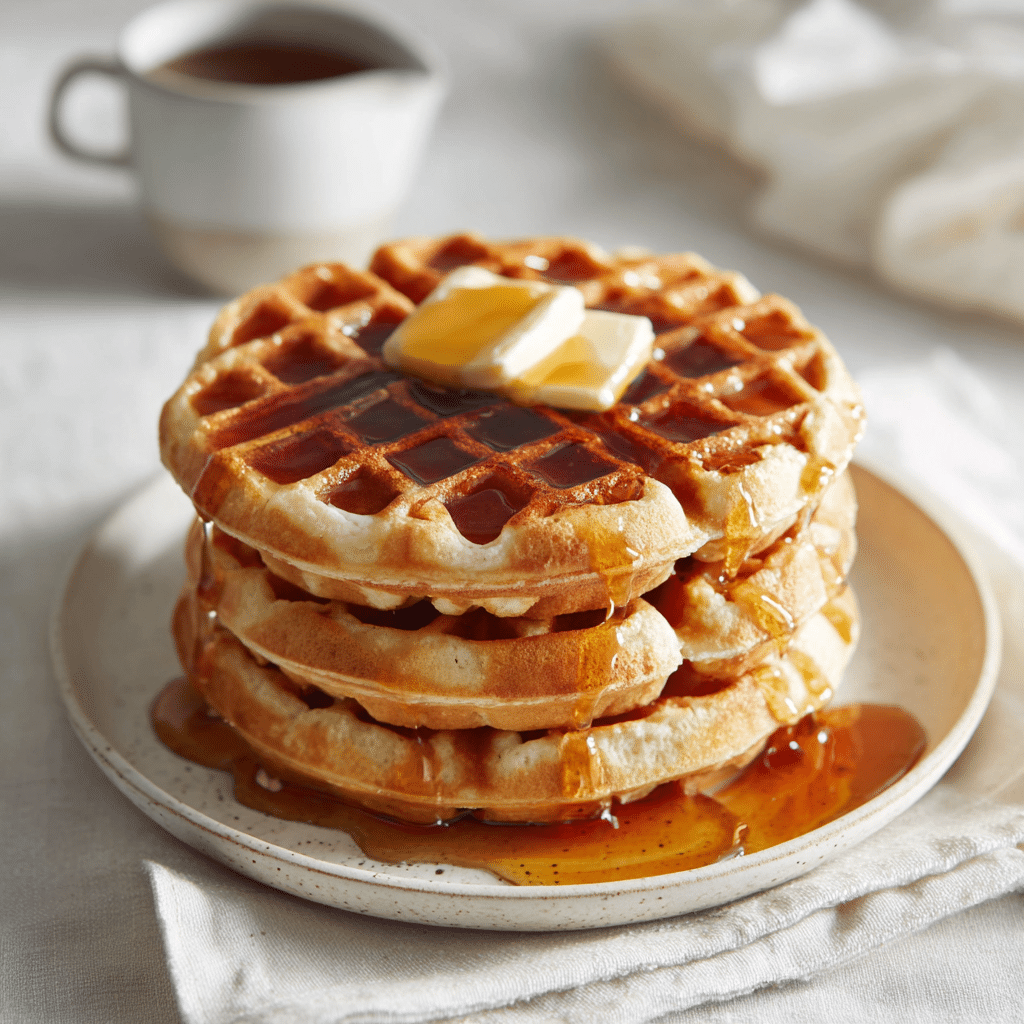 Stack of My Favorite Buttermilk Waffles with butter and maple syrup on a styled breakfast tabl